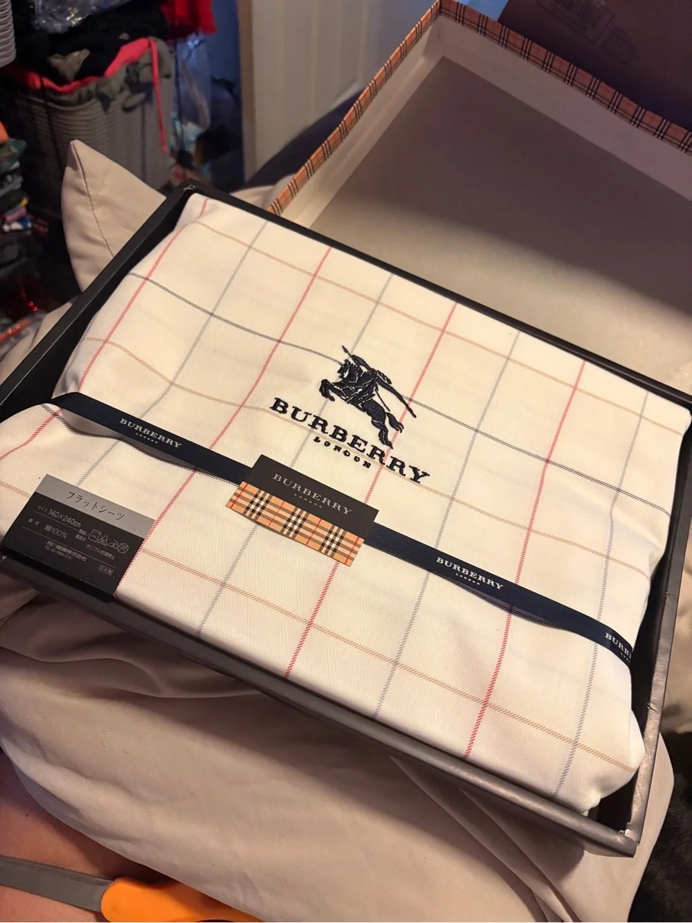 Burberry White Cotton Sheet with Red & Beige Windowpane